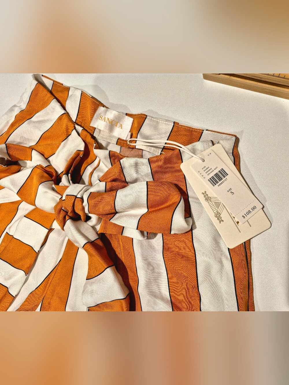 NEW Anthropologie Sancia Striped Tie-Waist Shorts - White & Burnt Orange